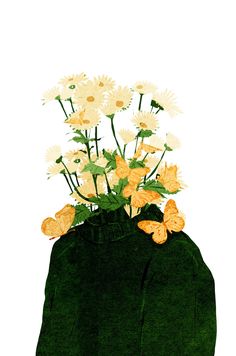 a drawing of flowers in a green vase