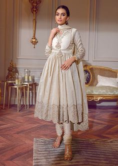 Buy Embellished White Satin Silk Frock Pakistani Party Dress in premium quality fabric detailing paired with an organza dupatta. Customizable. Fast Shipping Frock Pakistani, Pakistani Party Dresses, Modest Fashion Ideas, Pakistani Party Wear, Beige Silk, Party Dresses Online, Beautiful Suit, Dresses Designer, Stylish Dresses For Girls