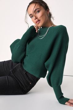 Keep your wardrobe stylish yet comfortable this winter season with a closet essential like the Lulus Classically Cozy Dark Green Ribbed Dolman Sleeve Cropped Sweater! This chic sweater is composed of stretchy midweight ribbed knit that shapes a pullover design and a boat neckline. Trendy dolman sleeves (with long fitted cuffs) frame the relaxed bodice that falls to a cute cropped hem. Fit: This garment fits true to size. Length: Size medium measures 16" from shoulder to hem. Bust: Great for any Green Longsleeves Outfit, Dark Green Top Outfit, Green Sweater Outfit, Green Top Outfit, Emerald Sweater, Beige Turtleneck, Emerald Green Sweater, Dark Green Sweater, Chic Sweater