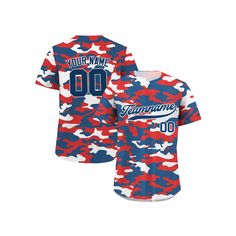 the women's camo baseball jersey is shown in red, white and blue