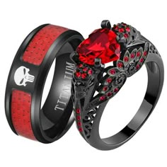 Black Matching Punk Rings Female skull ring is black plated heart 8*8mm red aaa cz mainstone women wedding ring sets,stamp:10kt. Male skull Ring black plated titanium men's wedding band thickness,2.5mm,stamp:titanium. Ring Packaging: jewelry bag. Measure your finger size before purchase, for band and ring sets can not be resized. Gift for wedding and gift for love. Size: women's size #8 & men's size #10.  Age Group: adult. Black And Red Wedding Rings, Wedding Band Thickness, Red Wedding Rings, Couple Ring Gold, Female Skull, Couple Rings Gold, Black Skull Ring, Ring Packaging, Womens Wedding Ring Sets