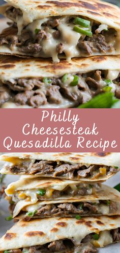 three quesadillas stacked on top of each other with cheese and meat in the middle