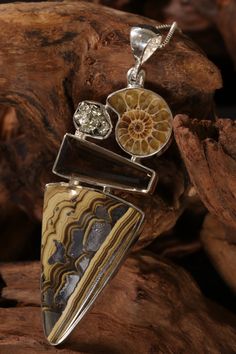 a piece of jewelry sitting on top of a wooden tree branch in front of some rocks