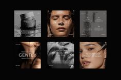 four different ads for skin care products on black and white background, with multiple images of women's faces