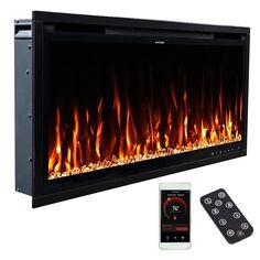 an electric fireplace with remote controls and fire