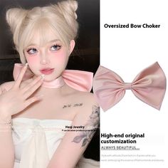 Color: Pink Bow Cute Head Accessories, Bunny Makeup Look, Halloween Moodboard, Mitsuri Cosplay, Bunny Makeup, Ribbon Accessories, Pink Cosplay, Halloween Coquette, Bow Choker