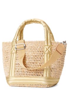 Woven raffia creates a boho aesthetic and a scaled-down tote fitted with a removable, adjustable crossbody strap for styling versatility. Open top Top carry handles; removable, adjustable crossbody strap Interior wall pocket Removable zip pouch Unlined Straw with nylon trim Imported Summer Tote Bags, Mz Wallace, Summer Tote, Rollerball Perfume, Boho Aesthetic, Woven Raffia, Raffia Bag, Interior Wall, Fabric Gift Bags