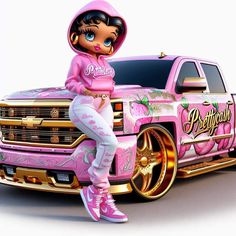 a woman in pink hoodie sitting on the back of a pink truck with gold rims