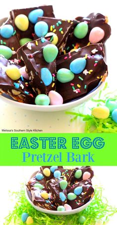 chocolate easter egg pretzel bark on a plate