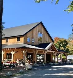 a large wooden building sitting next to a forest