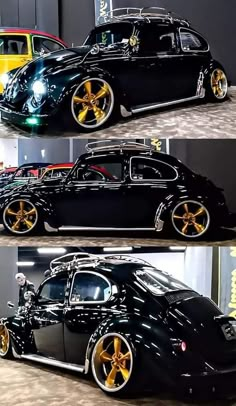 two pictures of an old black car with gold rims