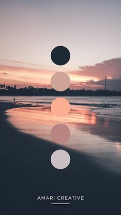 an image of the beach at sunset with three circles above it