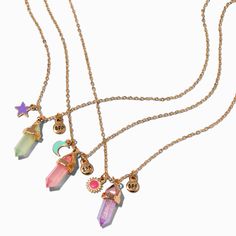 Show your besties that you love them to the moon and back with these amazing gold-tone necklaces. The set includes three mystical faux gem pendant necklaces in green, pink, and purple, each with a celestial charm and tiny "BFF" dangle.Pack Size: 3Finish: Gold-toneLength: 16 + 3 in. extender / 40.64 + 7.62 cm. extenderClosure: Lobster claspMaterial: Metal, Plastic - Claire's Best Friends Mystical Gem Celestial Pendant Necklaces - 3 Pack Trio Matching Accessories, Bff Necklaces For Three, Friendship Necklaces For 3 Friends, Trio Accessories, Necklaces For Girls, Celestial Pendant, Trio Necklace, Bff Necklace, Claire's Accessories