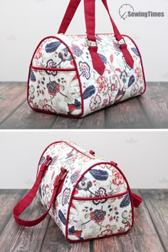 two images of the same duffel bag, one in red and white floral fabric