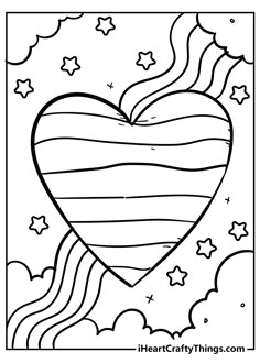 a heart shaped coloring page with stars and clouds in the sky, as well as an image