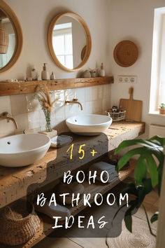 the bathroom is decorated in rustic style with two sinks and round mirrors on the wall