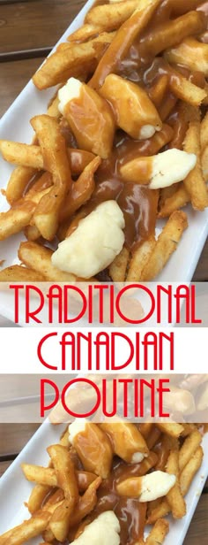 traditional canadian poutine is served on a white plate