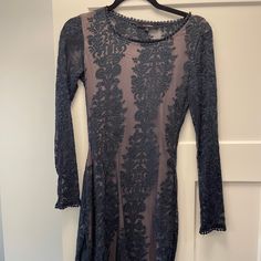 Never Worn: Vici Long Sleeve Navy Lace Dress. Dress Has An Under Slip Layer With A Lace Layer On Top. Navy In Color. Detailing Around Neck Line And Sleeve Line. Length Wise- Dress Is Between A Midi And A Mini. Long Sleeve Blue Mini Dress With Lace Trim, Blue Long Sleeve Mini Dress With Lace Trim, Blue Long Sleeve Sheer Dresses, Blue Sheer Long Sleeve Dress, Sheer Long Sleeve Lace Dress For Date Night, Long Sleeve Sheer Lace Dress For Date Night, Blue Lace Trim Dress For Fall, Fitted Long Sleeve Blue Lace Dress, Fitted Blue Lace Dress With Long Sleeves