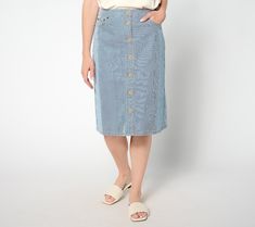 With buttons down the front and a yarn-dyed striped design, there's nothing basic about this denim skirt. Wear it when you want to elevate your everyday looks (and leave behind those stiff-legged jeans!). From Denim & Co.® Fashions. Summer Cotton Denim Skirt With Button Closure, Cotton Denim Skirt With Button Closure For Day Out, Spring Denim Skirt With Button Closure For Day Out, Summer Cotton Button-up Denim Skirt, Spring Cotton Button-up Denim Skirt, Cotton Button-up Denim Skirt For Summer, Button-up Cotton Denim Skirt For Summer, Striped Bottoms With Buttons For Summer, Striped Summer Bottoms With Buttons