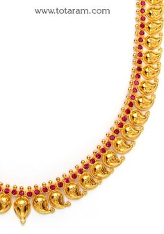 22 Karat Gold Mango Mala with Red Stones
   - 235-GN438 - in 52.800 Grams for USD $4128.79. 
Made in India by Totaram Jewelers Online this product is in Gold - 22 Karat BIS Hallmark 916 KDM Gold  & is an excellent gift for Adult - Women. Ships fully insured with secured guaranteed delivery for free with your order over $250 from New Jersey USA & comes with 30 days exchange policy. Red 22k Gold Temple Necklace For Celebration, Red 22k Gold Necklace For Festivals, Traditional 22k Gold Red Temple Necklace, Festive 22k Gold Red Necklaces, Traditional Red 22k Gold Temple Necklace, Festive Red 22k Gold Necklaces, Festive Red 22k Gold Necklace, Red 22k Gold Necklace For Diwali, Diwali Red 22k Gold Necklace