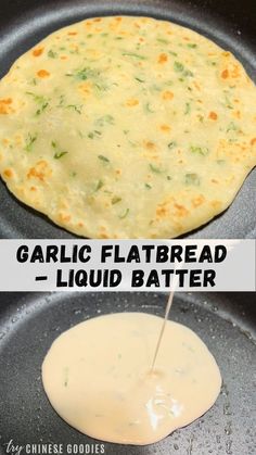 two images showing how to make garlic flatbreads in a skillet with liquid