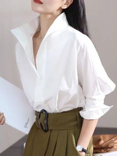 Plain V Neck Regular Fit Urban Blouse | stylewe Shirt Collar Pattern, Urban Shirt, Style Parisienne, Loose Blouse, Collar Blouse, Lapel Collar, Three Quarter Sleeves, Cute Tops, Collar Shirts