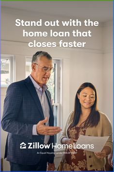 a man and woman standing next to each other in front of a window with the words stand out with the home loan that closes faster