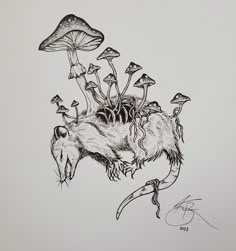 an ink drawing of a mouse with mushrooms on it's back and in the air