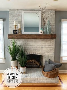 a living room with a brick fireplace and potted plants on the mantel above it