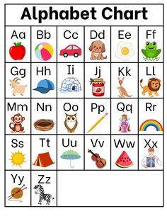 an alphabet chart with pictures of animals and letters