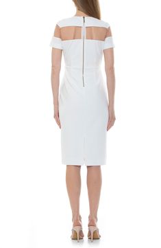 Sophisticated and structured, this midi dress has it all with its fitted pencil skirt and horizontal mesh detail that rests above the bodice. 43 1/2" length (size X-Small) Crewneck Short sleeves Lined 100% polyester Machine wash, dry flat Imported Model stats: 5'10" height, 32" bust, 25" waist, 36" hip. Model is wearing size X-Small. Elegant White Midi Dress With Back Zipper, Spring Structured Dress With Back Zipper, Structured Spring Dress With Back Zipper, Chic Structured Fitted Dress, Chic Fitted Linen Midi Dress, Fitted Embroidered Midi Dress For Cocktail, Fitted Embroidered Midi Dress, White Knee-length Bodycon Dress With Fitted Bodice, White Mid-length Evening Dress