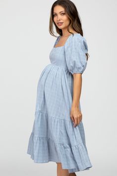 Blue Plaid Square Neck Maternity Midi Dress – PinkBlush Short Sleeve Maternity Dress With Smocked Bodice, Spring Maternity Dress With Square Neck, Maternity Dress With Smocked Bodice And Square Neck, Fitted Square Neck Maternity Dress, Western Maternity Dresses, Classy Maternity Outfits, Light Blue Maternity Dress, Maternity Dresses Winter, Maternity Photography Dresses