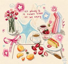 a drawing of strawberries, cake and coffee on a table with pink flowers in the background