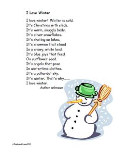 a snowman with a green hat holding a baseball bat in front of an i love winter poem