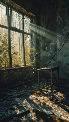 an abandoned room with sunlight streaming through the window and on the floor there is a broken chair