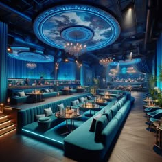 a fancy restaurant with blue couches and chandeliers