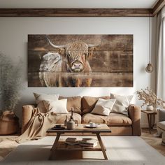 a living room filled with furniture and a cow painting on the wall above it's head