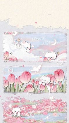 two pictures with pink flowers and clouds in the background