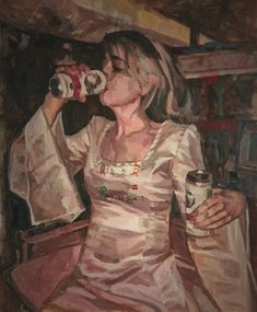 a painting of a woman drinking from a can