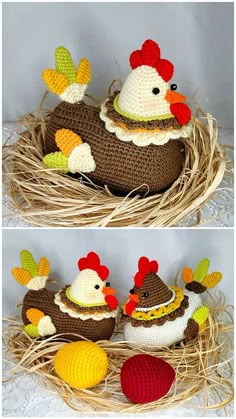 crocheted chickens are sitting in a nest