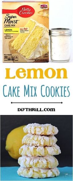 lemon cake mix cookies are stacked on top of each other with the words, i save