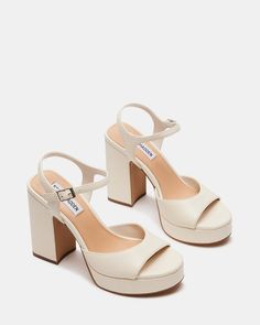 AMY Bone Leather Platform Block Heel | Women's Heels – Steve Madden Shoes For Women Aesthetic Heels, Wedding Heels Thick Heel, Champagne Bridesmaid Shoes, Chunky Bridal Heels, Staple Shoes For Women, White Small Heels, Grad Heels, Heels Graduation, White Bridal Heels