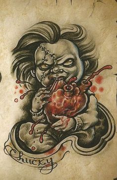 a drawing of a demon eating an apple with blood dripping from its mouth and tongue