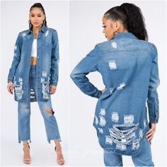 Add A Layer Of Style To Your Wardrobe With This Distressed Button-Down Denim Shirt Jacket. Its Distressed Finish And Classic Button-Down Silhouette Make It An Essential Piece That Can Be Worn As A Shirt Or Light Jacket. Ideal For Casual Days Out Or Laid-Back Evenings, This Denim Jacket Combines Comfort And Trend-Setting Design. Material: 100% Cotton This Item Size Conversion Chart: Sizes Are In Letters. S - 2/4 M - 6 L - 8/10 Shop With Us: Fall Trendy Trending Athleisure Modest Party Attire Neck Fall Denim Button-up Top With Frayed Hem, Fall Button-up Denim Top With Frayed Hem, Trendy Button-up Denim Jacket, Trendy Ripped Button-up Outerwear, Fall Denim Top With Snap Buttons, Denim Blue Button-up Jacket With Frayed Hem, Long Sleeve Distressed Denim Blue Top, Light Wash Distressed Button-up Outerwear, Distressed Light Wash Button-up Outerwear