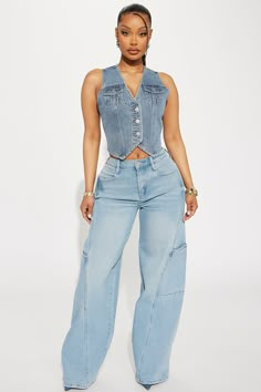 Available In Light Wash. Wide Leg Jean Seaming Cargo Pockets 11" Rise 33.5" Inseam Low Stretch Disclaimer: Due To The Specialized Wash Process, Each Garment Is Unique. 68% Cotton 30% Polyester 2% Spandex Imported | Doing A Double Take Wide Leg Jeans in Light Wash size 14 Plus by Fashion Nova