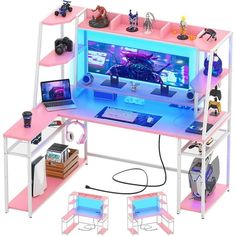 a computer desk with various toys on it