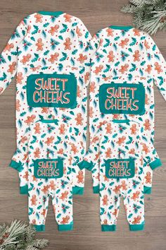 two pajamas with the words sweet cheeks on them and an orange flower design in green