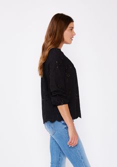 A classic cotton bohemian blouse with embroidered eyelet details. Embroidered eyelet Relaxed fit 3/4 length sleeve Button cuff closure Split v-neckline with ties Scalloped hem Not lined Bohemian blouse An ultra-charming cotton blouse for summer! Tackle the heat wave with our comfortable yet stylish embroidered eyelet top, designed with an unlined fabric for an airy and breezy feel. Featuring 3/4 length sleeves, button cuff closure, and a split v-neckline with ties. We like to pair this effortles Long Sleeve Blouse For Daywear With Cutwork Hem, Long Sleeve Broderie Anglaise Blouse With Relaxed Fit, Long Sleeve Broderie Anglaise Blouse In Relaxed Fit, Long Sleeve Blouse With Broderie Anglaise In Relaxed Fit, Long Sleeve Eyelet Blouse For Daywear, Bohemian Blouse, Bohemian Blouses, Eyelet Blouse, Bohemian Tops