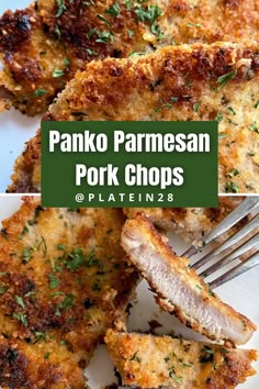 panko parmesan pork chops on a white plate with a fork in it