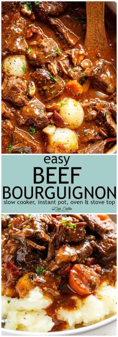 beef bourgugnon with potatoes and gravy on top